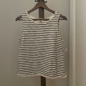 Striped Navy & White Sleeveless Top NEW Fringe Trim by Green Envelope Women’s S